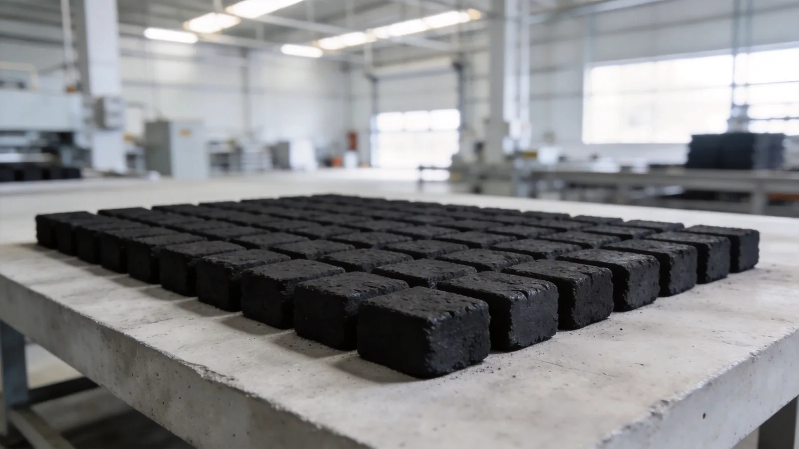 Neat rows of uniform charcoal briquettes on an industrial worktable — conceptual illustration