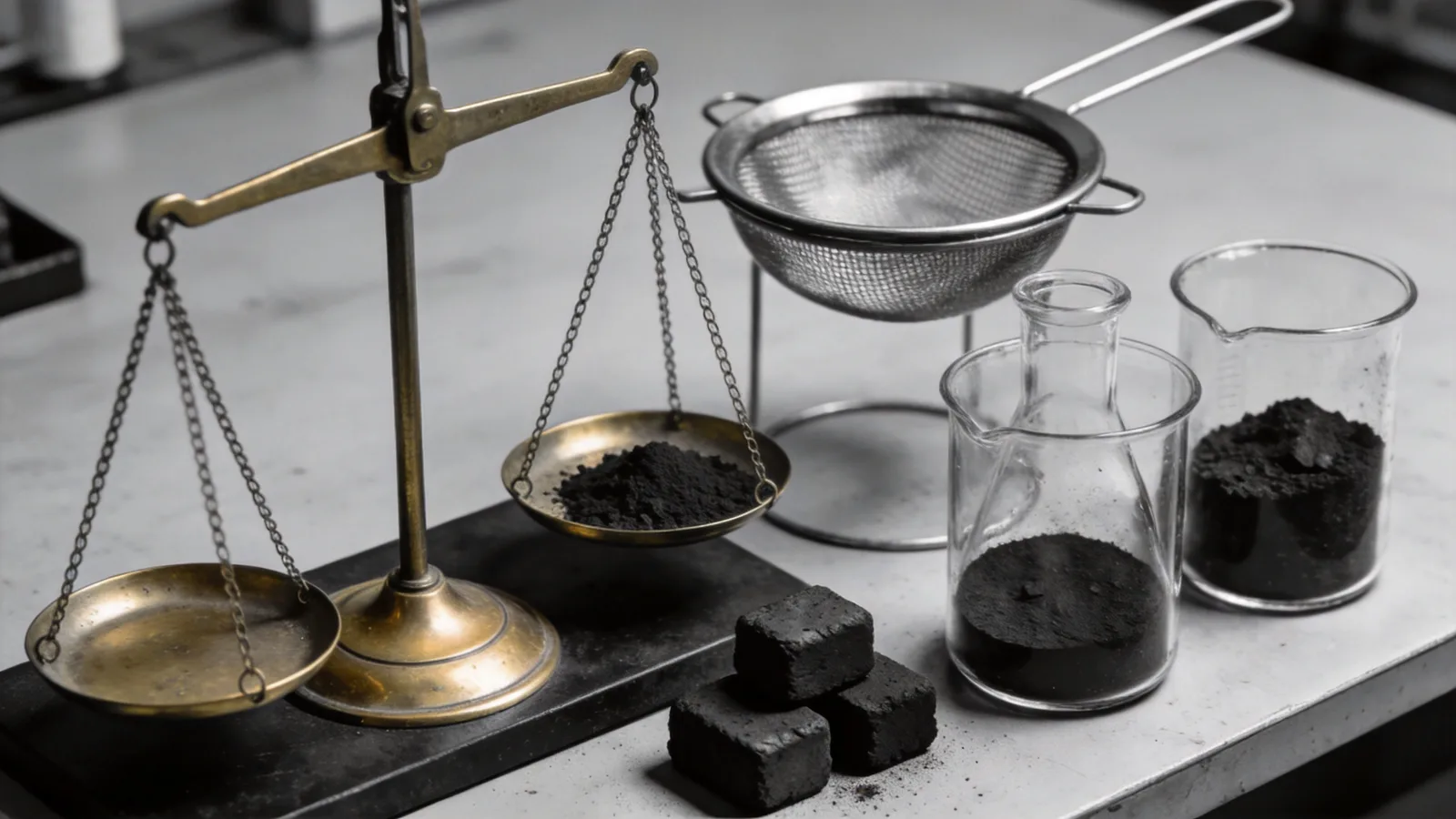 Charcoal testing laboratory bench with balance scale, sieve and beakers of charcoal samples — conceptual illustration