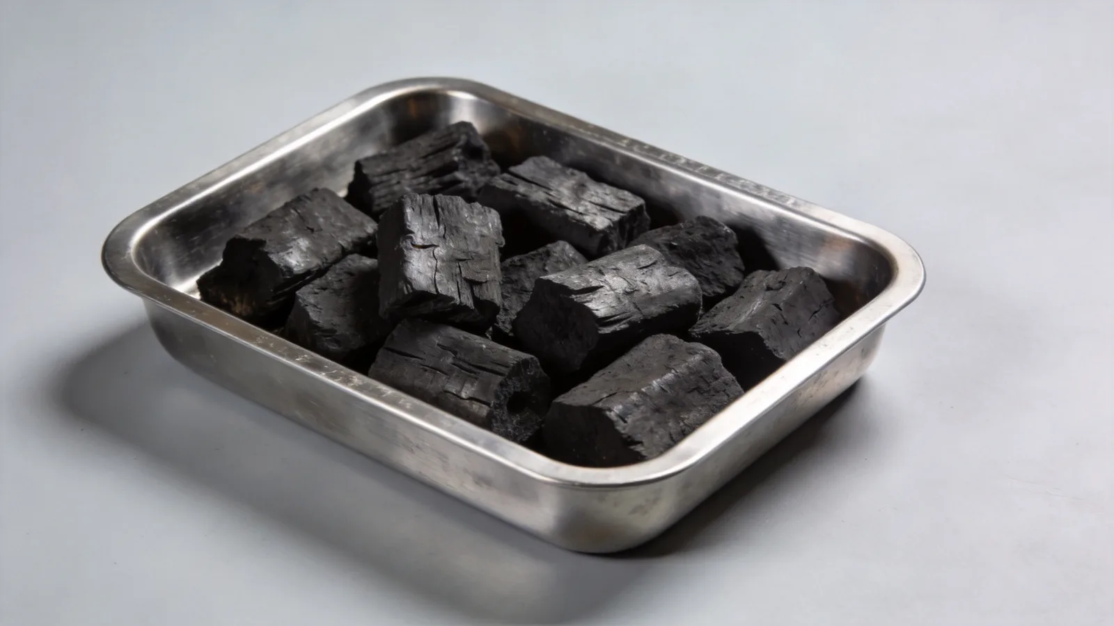 Natural lump charcoal arranged in a brushed steel tray — conceptual illustration
